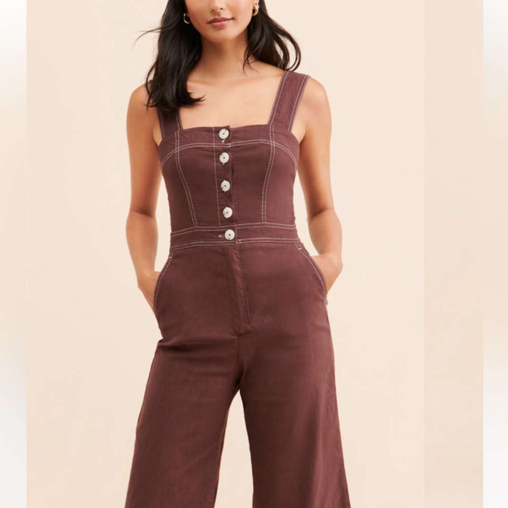 Maeve Brown Wide-Leg Jumpsuit with Contrast Stitching - Picture 5 of 13